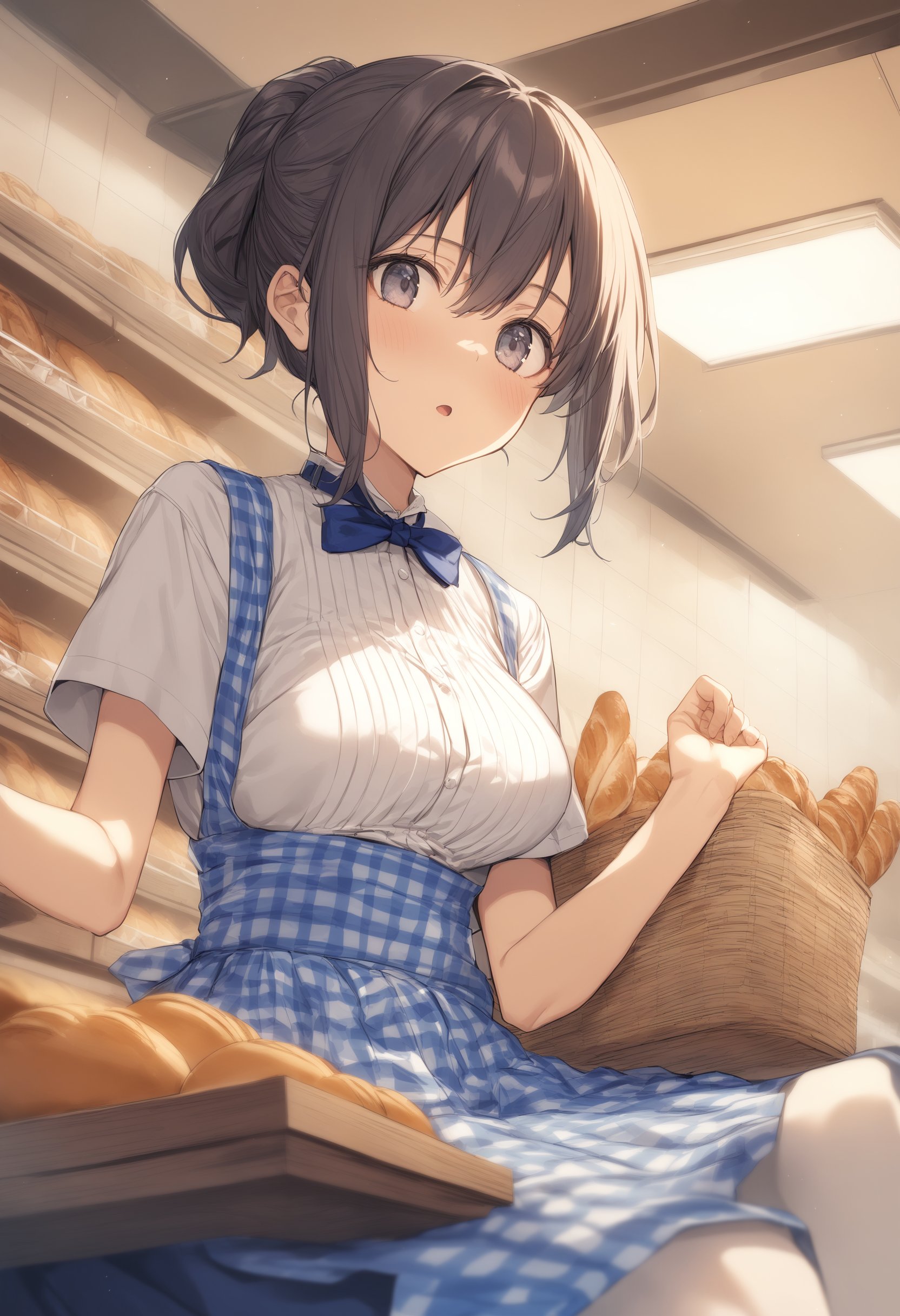 1girl, <lora:sdxl2-flat2-512b:-1>,medium breasts,<lora:kobeyaXLv1:0.8>,kobeya uniform,blue skirt, blue neckwear, gingham apron, Bakery,ceiling, cinematic angle, looking away, expressionless,  open mouth,best quality,medium quality,