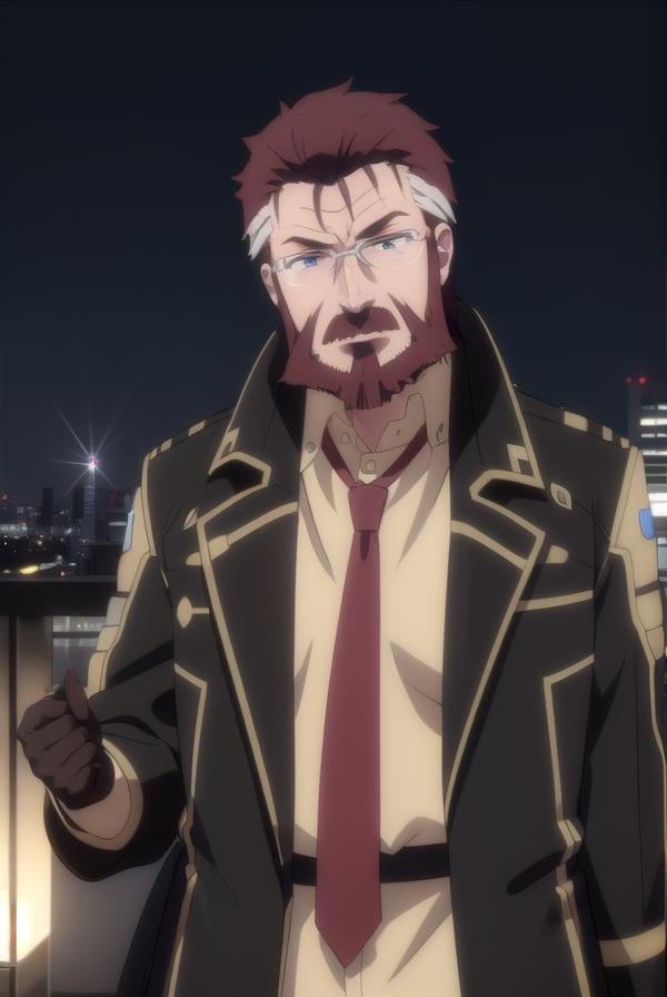 blitztalker, <lora:blitz talker s1-lora-nochekaiser:1>,blitz talker, brown hair, male focus, red hair, multicolored hair, facial hair, scar, (black eyes:1.5), beard, glasses,BREAK shirt, gloves, necktie, black gloves, coat, yellow shirt,BREAK outdoor, city, night, sky, buildings, moon, clouds,BREAK looking at viewer, (cowboy shot:1.5),BREAK <lyco:GoodHands-beta2:1>, (masterpiece:1.2), best quality, high resolution, unity 8k wallpaper, (illustration:0.8), (beautiful detailed eyes:1.6), extremely detailed face, perfect lighting, extremely detailed CG, (perfect hands, perfect anatomy),