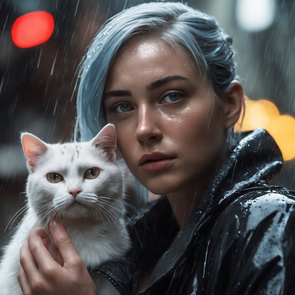 RAW photo, (photo flash:1.5) (fashion photography) (pictorialist style), fashion shot, realistic photo style, sharp focus,(full body shot) of a 20 yo girl with ice blue hair in future clothes, angry or crying and sad looking, tearful and open-mouthed, reveal sorrow, open mouth, teary, tear, sorrow, crying, transparent liquid, water tears, glass tears, cute face, eye level, focus on eyes,she ist wearing a sleek metallic jumpsuit with holographic accents, LED-lit seams, form-fitting silhouette, iridescent fabric, touch-responsive panels, adaptive color-changing, avant-garde asymmetry, integrated tech accessories, gravity-defying drapes, translucent mesh inserts, biomimetic textures, 3D-printed details, energy-efficient materials, microfiber sensors, minimalist cutouts, modular layering, neural interface compatibility, solar-charging capabilitiesShe is holding a white cat, rain, (wet fur:1.2), water droplets, puddles, drenched, shimmering, damp paws, misty air, whiskers glistening, gray skies, reflective eyes, soggy whiskers, damp nose, fur clinging, splashing, damp coat, rainy day, water-soaked, watery worldphoto location is a night scene from blade runner movie: moviestill, (bright dazzling neon lights:1.3), futuristic skyline, neon-lit alleys, rain-soaked pavement, towering skyscrapers, gritty urban sprawl, synthetic humans, bustling crowds, holographic billboards, flying vehicles, dimly lit shops, cyberpunk aesthetics, dystopian atmosphere, steamy vents, flickering lights, androids in shadows, moody reflections, artificial intelligence, techno-noir setting, dark mysteries, urban decay, rain-slicked streets, augmented reality, electronic hum, metropolitan dystopia, eerie silence, urban isolation, polluted skies, neon glow, tech-enhanced crime, melancholic undertones, enigmatic figures, uncertain future, digital billboards, glimmering advertisements, corporate dominance, haunting alleys, tech noir ambiance, abandoned corners, cybernetic implants, forbidden desires, existential questions, artificial lifeforms, ethereal music, looming architecturedappled light on face, pale skin, no make-up, detailed face and eyes, natural skin texture, (highly detailed skin:1.1), (textured skin:1.1), (skin pores:1.1), (oiled shiny skin:0.5), (skin blemish:1.2), (imperfect skin:1.1), intricate skin details, visible skin detail, detailed skin texture, detailed eyes, round iris, remarkable detailed pupils, light reflections in her eye, visible cornea, highly detailed iris, tiny blood vessels in the eye, small freckles, wrinkles, pimples,  beauty spot, <lora:polyhedron_all_sdxl-000004:0.7>celluloid's unique character, film grain, (no depth of field:1.5), movie shot with (panavision panaflex gold camera:1.1) on (celluloid:1.2), shot by ridley scott, shot by Denis Villeneuve, best quality, masterpiece, ultra high res, (photorealistic:1.4), 8K raw photo, professional photography, award winning photo, ((light)) photography