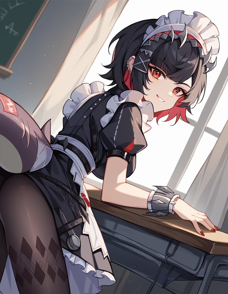 score_9, score_8_up, score_7_up, source_anime, ellenjoe, <lora:ellen-joe-ponyxl-lora-nochekaiser:1>, ellen joe, black hair, colored inner hair, multicolored hair, red eyes, red hair, short hair, two-tone hair,, apron, black pantyhose, black shirt, black skirt, ear piercing, fins, fish tail, maid, maid apron, maid headdress, pantyhose, piercing, puffy short sleeves, puffy sleeves, shark girl, shark tail, shirt, short sleeves, skirt, tail, two-tone hair, wrist cuffs,, indoors, classroom, bent over, smile, looking at viewer, solo, cowboy shot, dutch angle