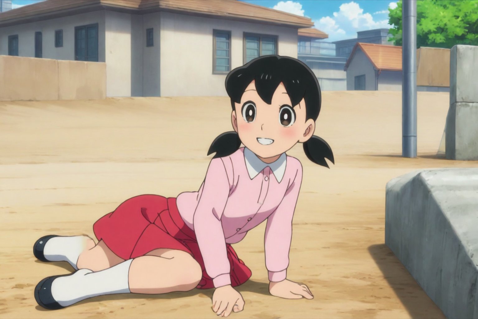 minamoto shizuka,1girl, solo, skirt, twintails, red skirt, black hair, smile, shirt, outdoors, sitting, black eyes, looking at viewer, yokozuwari, bright pupils, low twintails, long sleeves, shoes, pink shirt, white pupils, collared shirt, grin, day, socks, white socks, short twintails, on ground, building, full body, blush, arm support, teeth, sky,masterpiece, perfect face, best quality, beautiful eyes, shiny eyes, anime coloring, anime screencap, absurdres, award winning, <lora:minamoto shizuka ghostb 906:0.8>