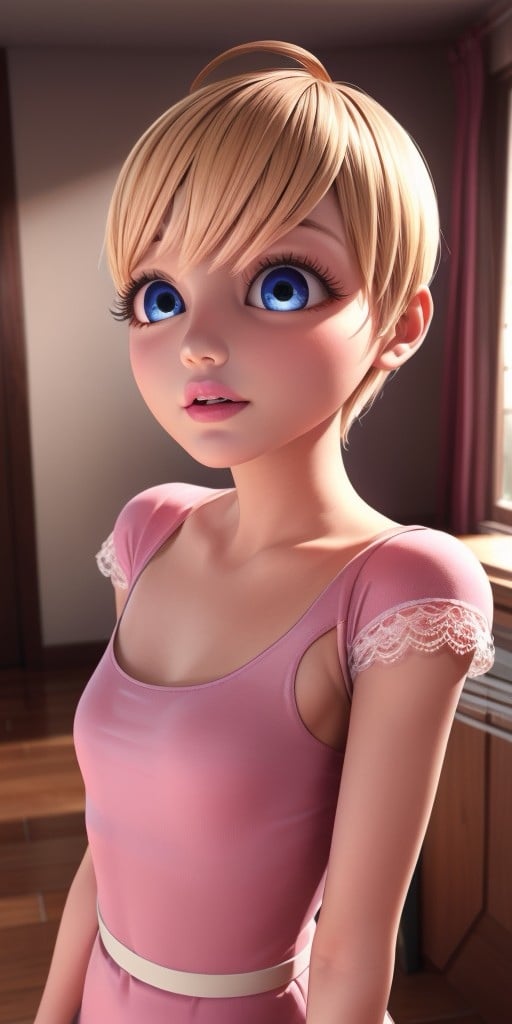 Hyperrealistic, super detailed, photorealistic, long pink dress with lace, honey blonde pixie cut with bangs that slightly cover her eyes to the right and a tiny cowlick on top expressive round vivid sapphire blue eyes, body like in real life, large pores, slender, fourteen years old, fair-skinned skin, beautiful arms, very flat very little breasts, unreal engine, octane render, droped shadow, bokeh, cinematic lighting, <lora:Volumetric_lighting:0.6>, <lora:add_detail:0.5>, Rose Lavillant, , <lora:06bcf8b1-73c7-405d-9e36-210ca06801fe:0.7>