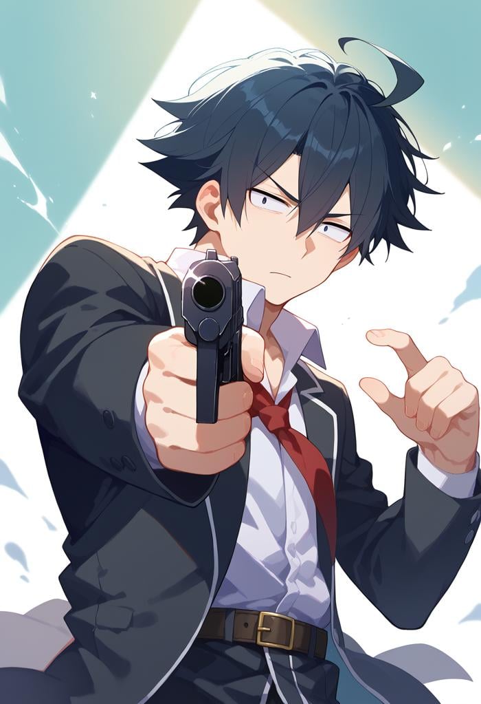 score_9, score_8_up, score_7_up, source anime, hikigaya hachiman, 1boy, ahoge, belt, black hair, sanpaku, black jacket, blazer, collared shirt, hair between eyes, school uniform, sobu high school uniform, white shirt, short hair,, holding gun, aiming, aiming at viewer, finger on trigger, <lora:aim-xl-pony-v3-000016:1>, <lora:cw_all-xl-pony-v1:1>, <lora:naip33:1>, 