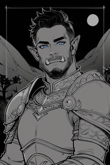 score_9, score_8_up, score_7_up, rating_safe, lineart, flat color, monochrome, greyscale, 1boy, solo, male focus, mature male, orc, green skin, tusks, blue eyes, short hair, black hair, facial hair, beard, mustache, looking at viewer, armor, shoulder armor, breastplate, pauldrons, upper body, closed mouth, standing, outdoors, night, night sky, dark background <lora:LineArt Mono Style LoRA_Pony XL v6:1>