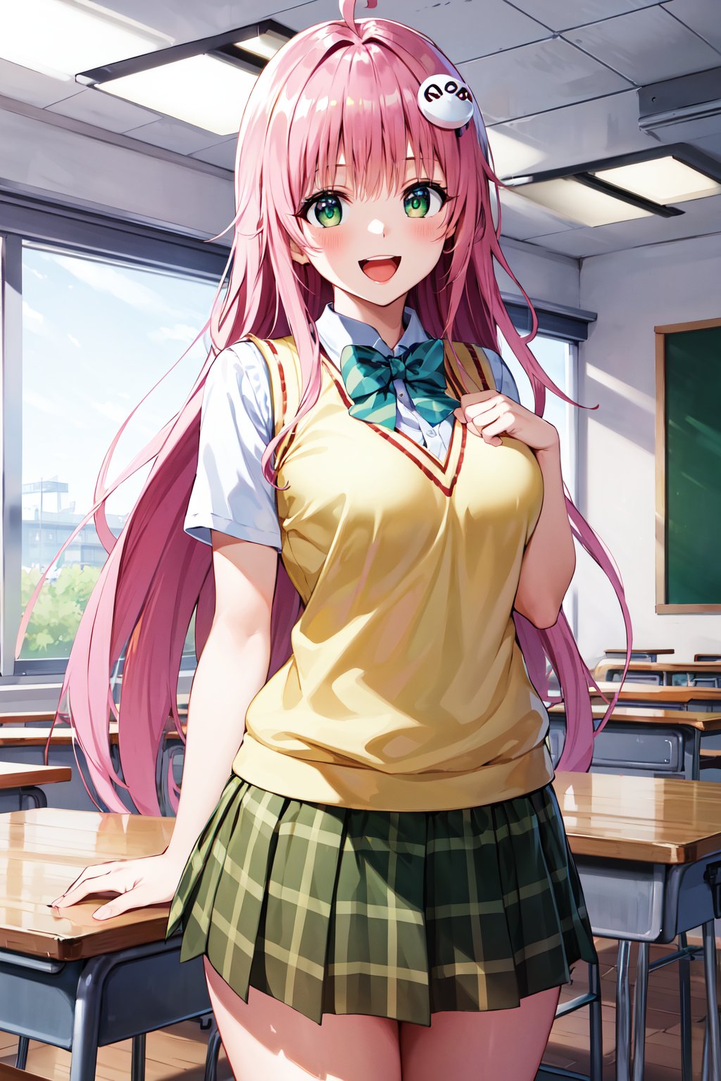 masterpiece, best quality, highres, aalala, long hair, ahoge, hair ornament, green eyes, breasts, school uniform, green bowtie, collared shirt, white shirt, sweater vest, yellow vest, short sleeves, plaid skirt, green skirt, <lora:lala_satalin_deviluke_v1:0.7>, standing, cowboy shot, indoors, classroom, smile, open mouth, 