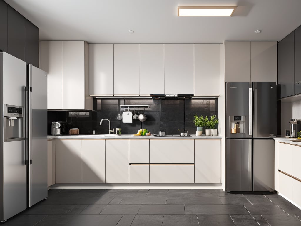 kitchen, plant, tile wall, tiles, window, fruit, indoors, food, stove, faucet, refrigerator, ceiling light, black theme, tile floor, frying pan, no humans, interior design, rendering style, cutting board, microwave, apple, kitchen knife, sunlight, window 