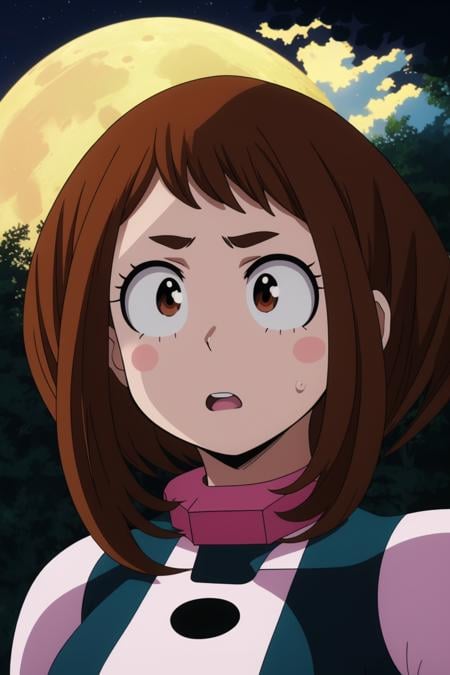 ochaco uraraka, herosuit, outdoors, SFW, portrait, night, professional lighting, moon, perfect composition<lora:MHA_girlPack4:0.7>, 8k, masterpiece, absurdres, anime,