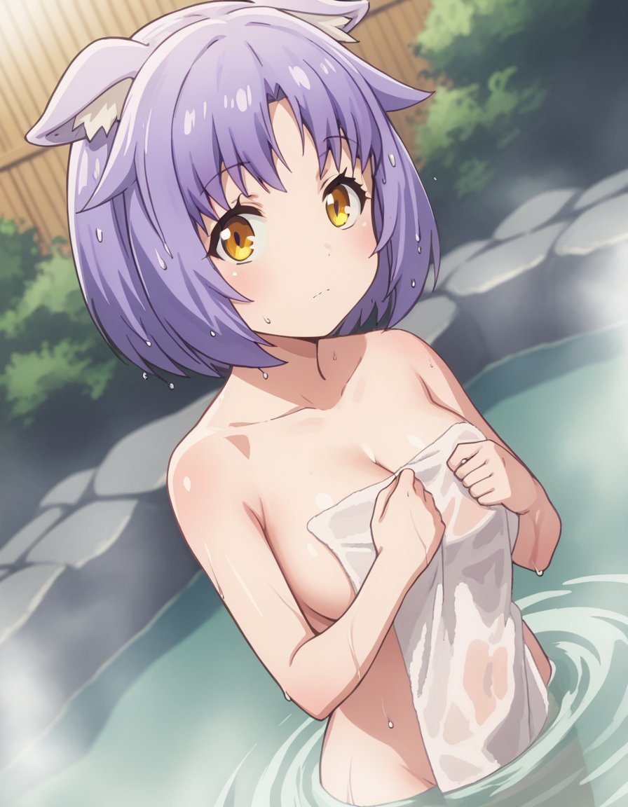 score_9, score_8_up, score_7_up, source_anime,nekoparacinnamon, <lora:nekopara-cinnamon-s1-ponyxl-lora-nochekaiser:1>,cinnamon, short hair, animal ears, yellow eyes, purple hair, cat ears,nude, naked, cleavage,outdoors, onsen, towel, naked towel, steam, bathing, nude cover, partially submerged, water, bath, steam censor, wet towel,looking at viewer, solo, cowboy shot, dutch angle,