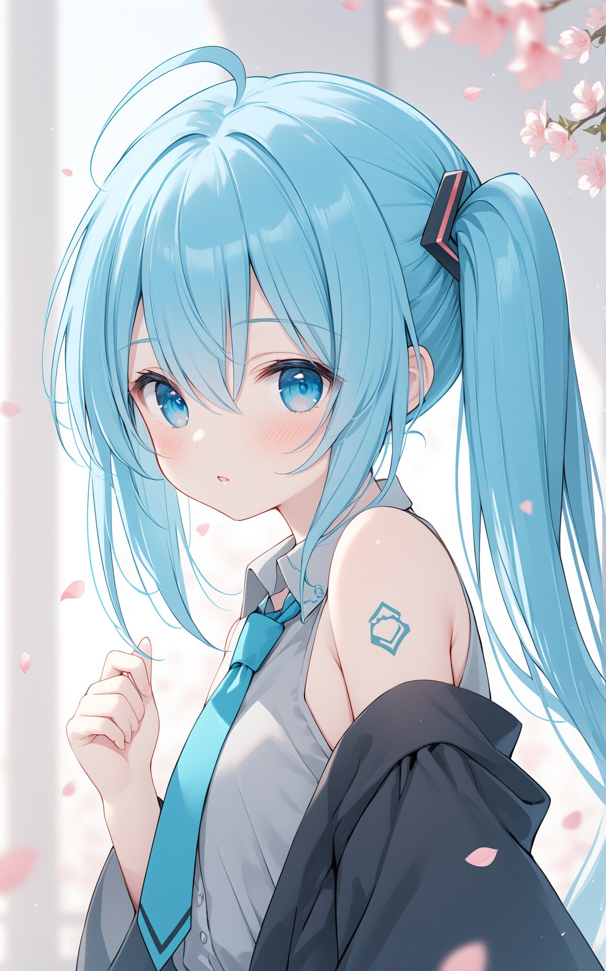 (masterpiece),(best quality),loli,1girl,solo,twintails,long hair,hatsune miku,detached sleeves,shirt,necktie,bangs,looking at viewer,sleeveless,sleeveless shirt,upper body,hair between eyes,blue eyes,blush,petals,very long hair,collared shirt,long sleeves,blue hair,bare shoulders,hair ornament,parted lips,black sleeves,blurry,looking to the side,wide sleeves,hand up,ahoge,from side,blurry background,tattoo,grey shirt,white shirt,blue necktie,