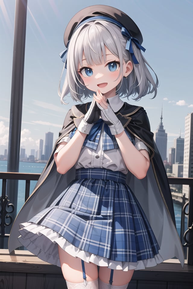 (cleavage:-1.5), insanely detailed, absurdres, ultra-highres, ultra-detailed, best quality,1girl, solo, nice hands, perfect hands,BREAK(gothic drress, Idol costume:1.3), (blue and white theme:1.2), (white blouse:1.4), (white collar, tie:1.3), (open short-cape:1.3), (short sleeve:1.2), (blue tartan-check pattern (ruffle-skirt, multilayer-skirt):1.4), (white basque-beret with ribbon:1.3), (Fishnet stockings:1.3), (glove:1.2), (cleavage:-1.5)BREAKhappy smile, laugh, open mouth,standing,own hands together,cowboy shot,BREAKslender, kawaii, perfect symmetrical face, ultra cute girl, ultra cute face, ultra detailed eyes, ultra detailed hair, ultra cute, ultra beautiful,BREAKcityscape in tokyo, ultra detailed background, blue sky, bay side, panorama view,medium breasts, white hair, blue eyes