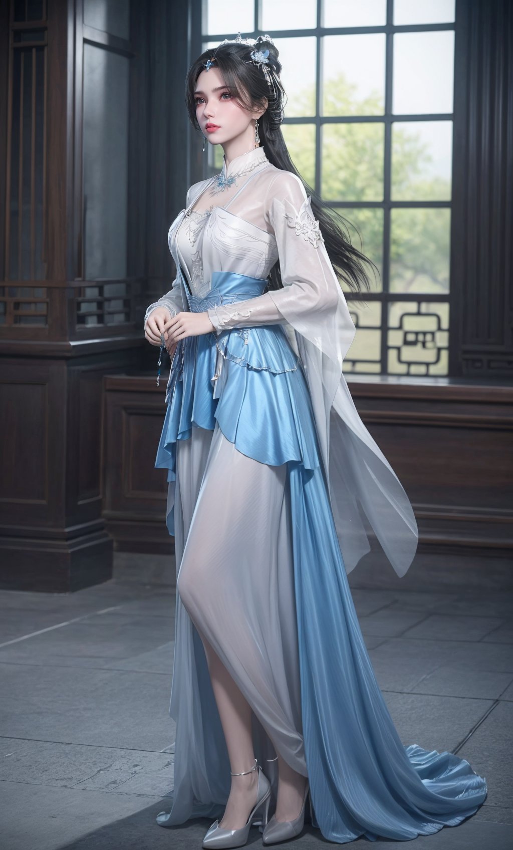 (Solid background:1.2),masterpiece,(best quality),official art,extremely detailed cg 8k wallpaper,(extremely delicate and beautiful),,solo,realistic,photo_\(medium\),full body,pointed-toe heels,facial tattoo,(chinese clothes,, gown, jewelry , long hair,white gown,blue gown, long sleeves),adfxx,1girl,portxx,solo,earrings,flowerhair bun,hair flower,black hair,hair ornament,realistic,<lora:40muwan_v4.1:0.6>,adfxx,