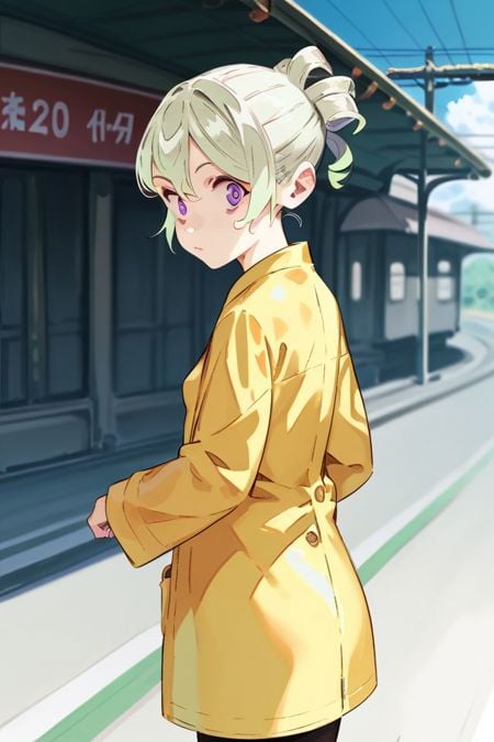 score_9, score_8_up, score_7_up, 1girl, looking at viewer, kuji-in, wide-eyed, light green hair, cone hair bun, textured bangs, purple eyes, small breasts, silver yellow raincoat, day, railroad crossing, from behind <lora:pako_(pakosun)_PonyXL_style_v01:1>