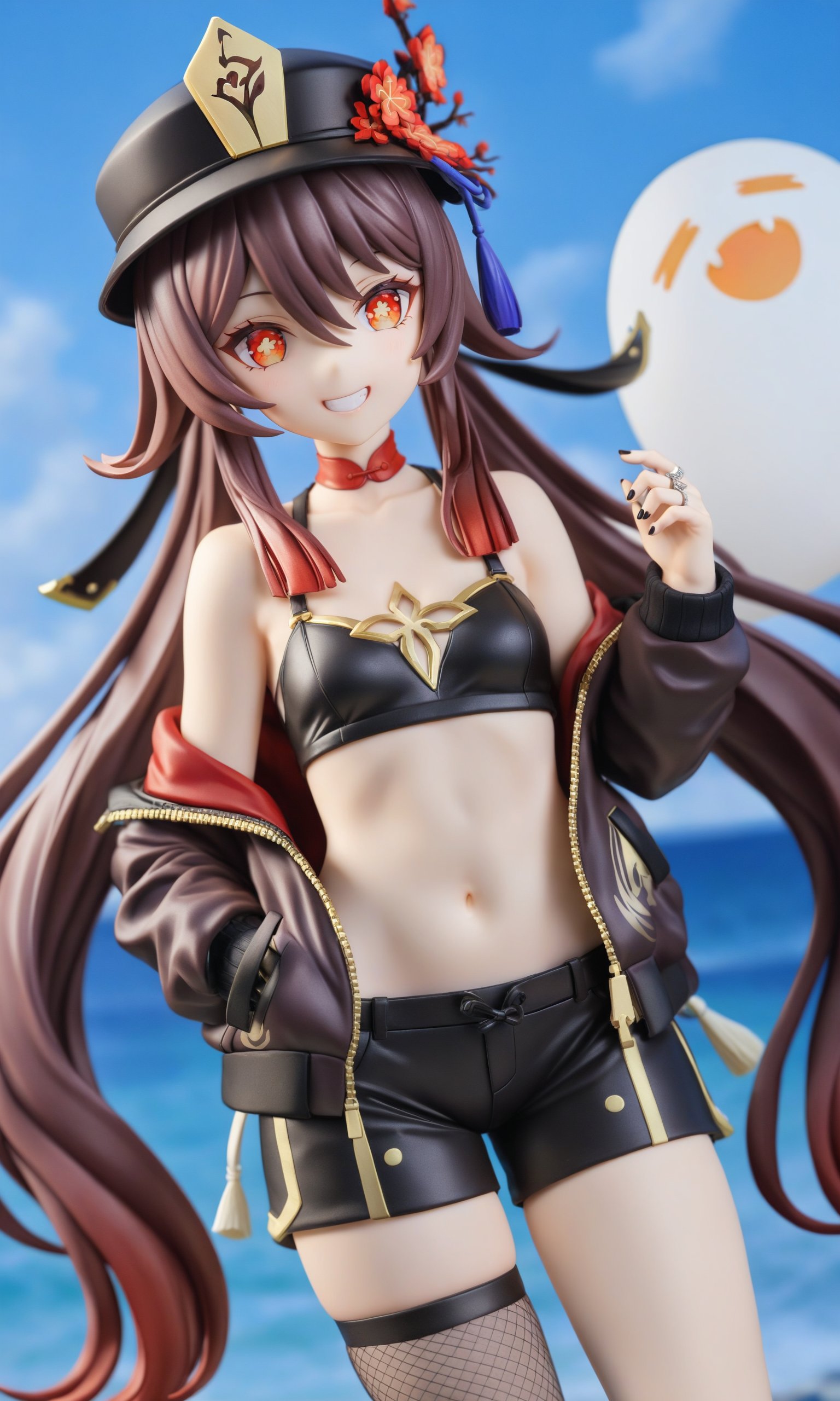 figure,<lora:胡桃:1>,crop_top,hu_tao_\(genshin_impact\),smile,baseball_cap,symbol-shaped_pupils,navel,long_hair,hat,hand_in_pocket,shorts,midriff,solo,day,blue_sky,jacket,black_shorts,brown_hair,short_shorts,black_jacket,red_eyes,black_nails,grin,sky,outdoors,off_shoulder,very_long_hair,cloud,thighhighs,contemporary,twintails,hand_on_headwear,black_headwear,wristband,shirt,looking_at_viewer,ocean,casual,collarbone,thighs,alternate_costume,open_jacket,open_clothes,bare_shoulders,hair_between_eyes,long_sleeves,nail_polish,star-shaped_pupils,cowboy_shot,standing,bangs,single_thighhigh,flower-shaped_pupils,asymmetrical_legwear,hand_up,sidelocks,watch,stomach,star_\(symbol\),wristwatch,thigh_strap,fishnets,ghost,cloudy_sky,