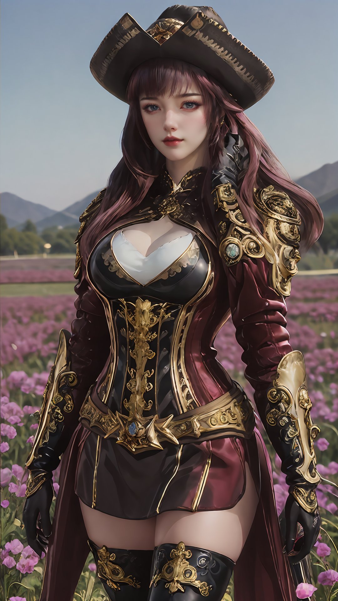 mhc,1girl,solo,mhc dress,long hair,black gloves,looking at viewer,wear gloves on left hand,gold handguard,golden sshoulder armor,magenta hair,pirate_hat,portrait,blue_sky,baiyun,over-kneehighs,skirt,tanono,mount,rose field,