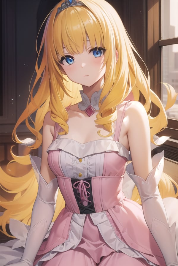 latifafleuranza, <lyco:latifafleuranza-lyco-nochekaiser:1>,latifa fleuranza, (yellow hair:1.5), blue eyes, long hair, (flat chest:1.2),BREAK diadem, tiara, elbow gloves, gloves, white gloves, dress, frilled dress, long skirt, frilled skirt, corset, (pink dress:1.5),BREAK looking at viewer, full body,BREAK indoors,BREAK <lyco:GoodHands-beta2:1>, (masterpiece:1.2), best quality, high resolution, unity 8k wallpaper, (illustration:0.8), (beautiful detailed eyes:1.6), extremely detailed face, perfect lighting, extremely detailed CG, (perfect hands, perfect anatomy),