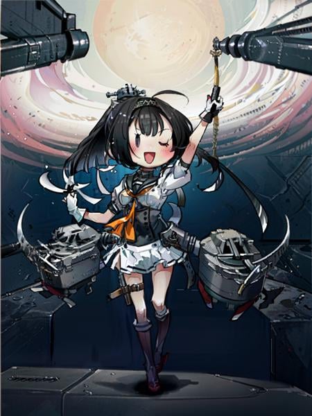 fairy \(kancolle\), akizuki \(kancolle\), 1girl, simple background, skirt, gloves, one eye closed, solo, school uniform, underwear, open mouth, full body, panties, boots, smile, thigh strap, looking at viewer, pleated skirt, shiny, knee boots, serafuku, short sleeves, grey footwear, breasts, corset, white background, shiny hair, bangs, blush, ahoge, machinery, medium breasts, shiny skin, pantyshot, miniskirt, ;d, standing, white panties, sailor collar, turret, puffy sleeves, neckerchief, leg up, original, intricate detail, illustration, masterpiece, extremely detailed CG unity 8k wallpaper, highlight, sharpening, dynamic, <lora:Fairy-3:1>, <lora:Akizuki-9:1>