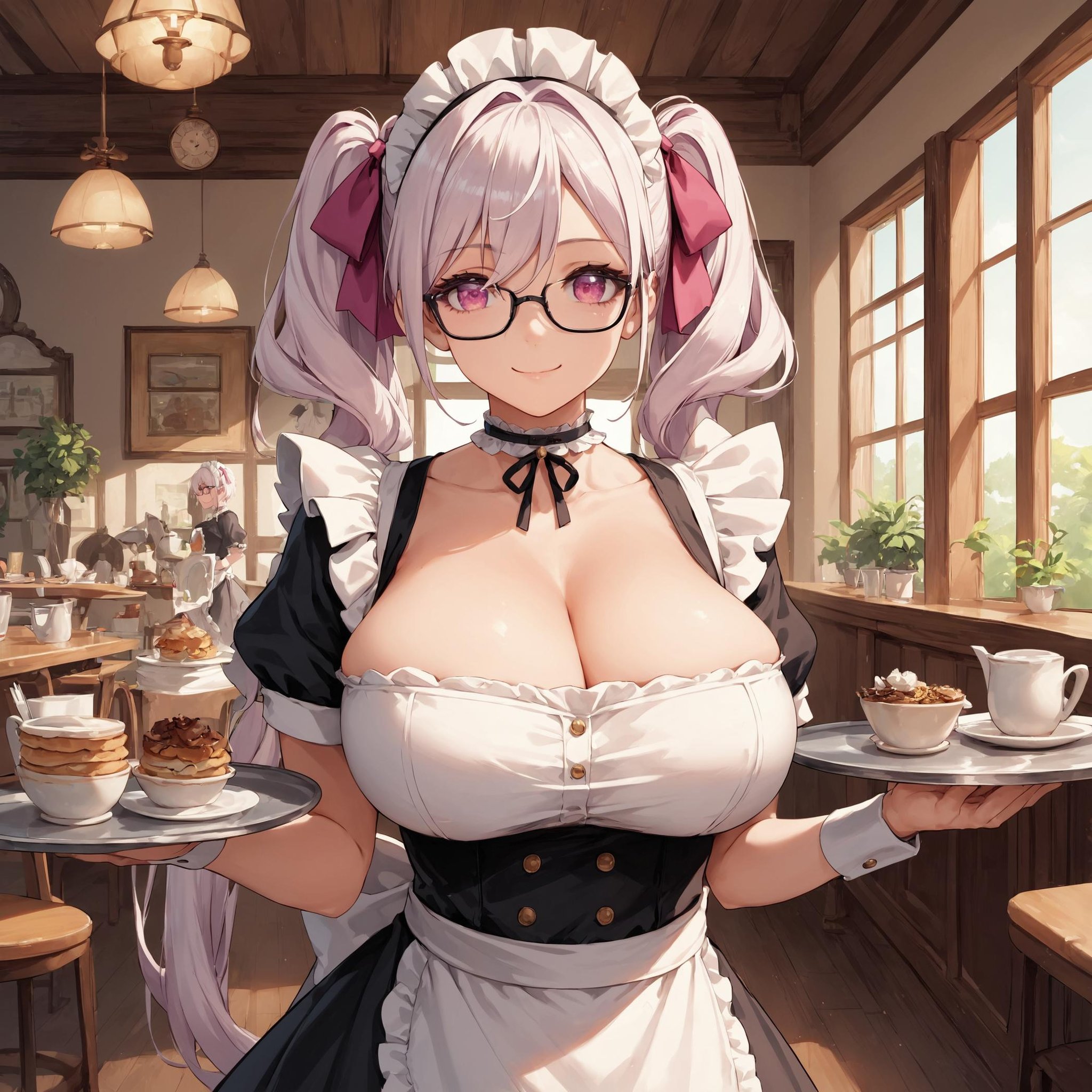 score_9, score_8_up, score_7_up, source_anime, masterpiece, very aesthetic, best quality, anime,twintails, long hair, black glasses, choker, magenta eyes, white hair, hair ribbons, slight smile, petite, short girl, huge breasts, wide hips, maid cafe, server tray, maid outfit,(by stable diffusion:.25),