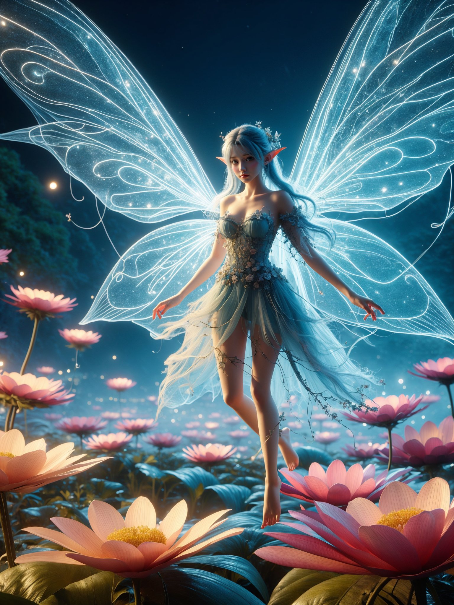 spirit_, 1girl, fairy, flower, wings, pointy ears, solo, barefoot, long hair, glowing, see-through, blue hair, dress, night, nature, fairy wings, looking at viewer <lora:kim_彼岸花精灵_v1:0.85>