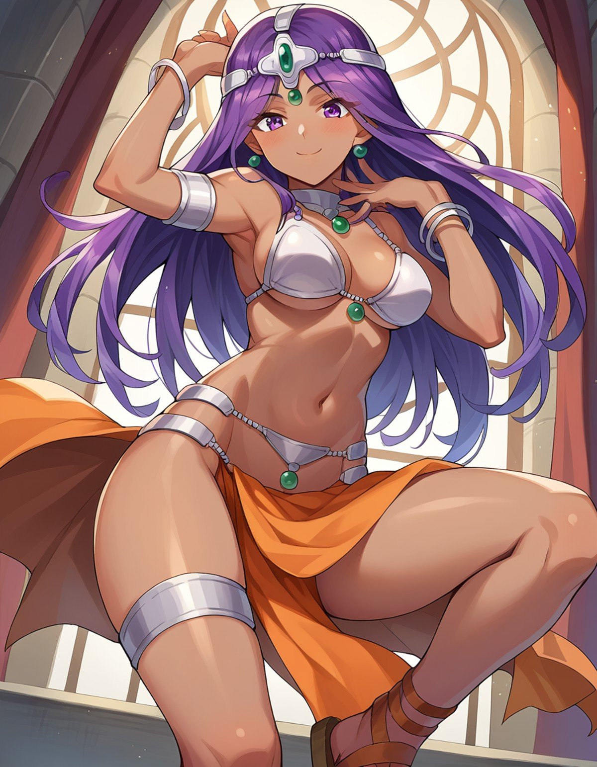 score_9, score_8_up, score_7_up, source_anime,dqmanya, <lora:dq-manya-ponyxl-lora-nochekaiser:1>,manya, dark skin, dark-skinned female, long hair, purple eyes, purple hair, smile,bikini, bikini top only, bracelet, circlet, jewelry, loincloth, pelvic curtain, sandals, swimsuit,indoors, dancing,looking at viewer, dutch angle, cowboy shot,