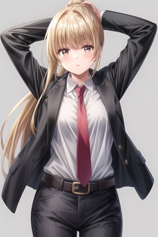 1girl,arms up, bangs, belt, blonde hair, black jacket, black pants, collared shirt, cowboy shot, formal, grey background, jacket, long hair, long sleeves, looking at viewer, necktie, pants, ponytail, blonde eyes, pink necktie, shirt, simple background, solo, suit, tying hair, white shirt, <lora:AddDetail:1>, <lora:Takina:0.3>, <lora:Mahiru:0.5>