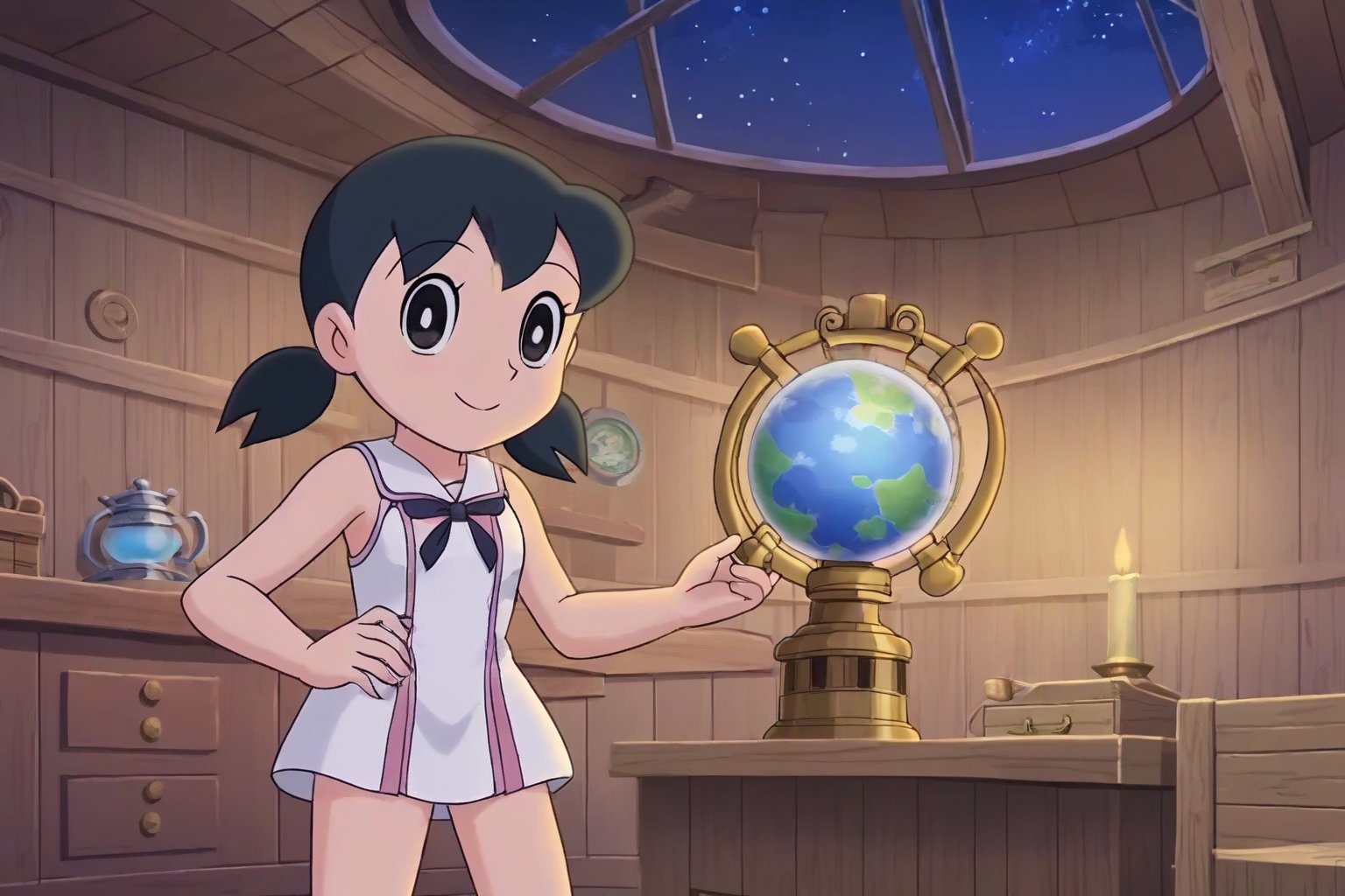 minamoto shizuka, low twintails, 1girl, solo, smile, Teenage girl navigator studying ancient maps in a grand ship's cabin, surrounded by nautical instruments, glowing globe, and exotic artifacts, warm candlelight, tall windows showing a starry night sky and phosphorescent sea, sense of adventure and discovery, masterpiece, perfect face, best quality, beautiful eyes, shiny eyes, anime coloring, anime screencap, absurdres, award winning, <lora:minamoto shizuka nova 906:0.8>