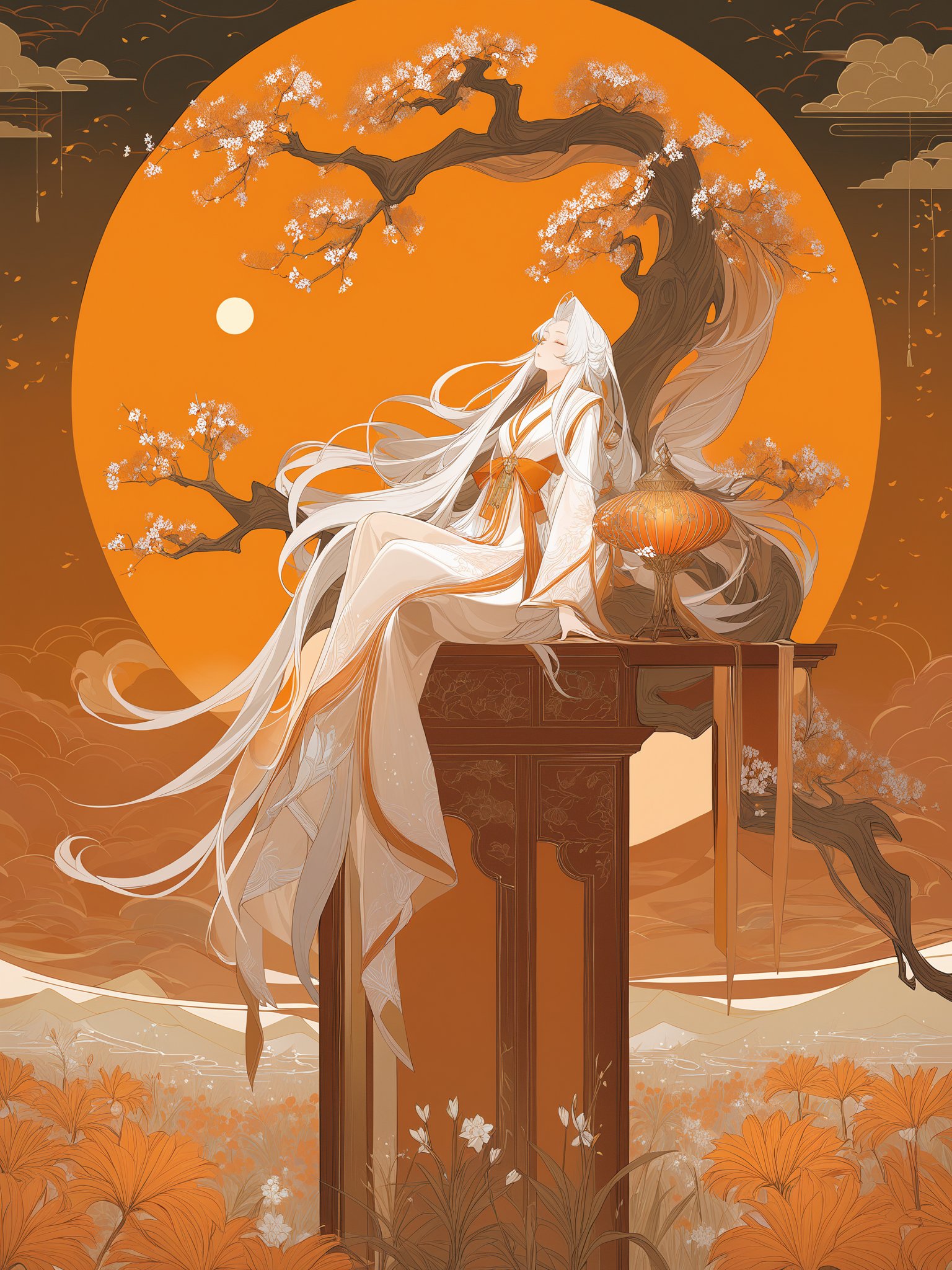 1masterpiece, best quality, <lora:Asyysa JR2-000016:1>,1girl,solo,sitting,lolong hair,1girl,solo,white hair,moon,very long hair,flower,tree,long sleeves,standing,closed eyes,floating hair,bangs,a beautiful girl with long white hair and a white dress,standing in a field of orange flowers,She is surrounded by orange lanterns and birds,and there is a full moon in the background,The overall color scheme is warm and vibrant,with a focus on shades of orange and white,line art,line style,, masterpiece,best quality   ,  good structure,Good composition,good atomy  ,   clear, original,beautiful  ,