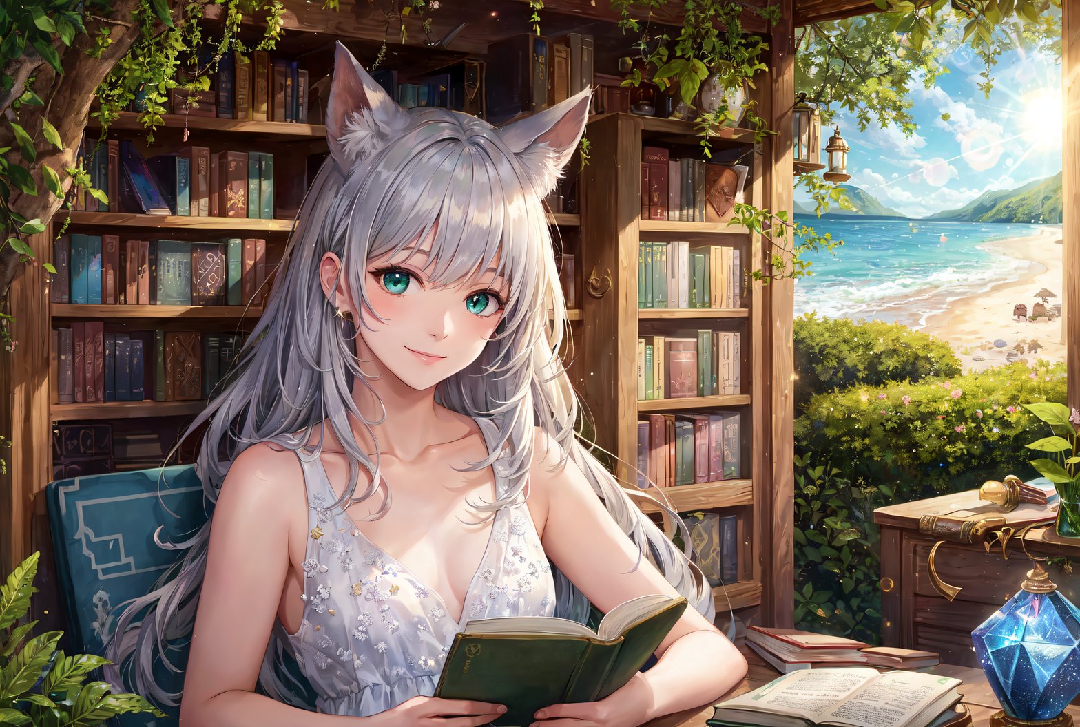 (8k, best quality, masterpiece:1.4), ultra high res, amazing, (realistic:1.48), 1girl, solo, swept back hair, detailed pupils, blue sky, books, notebooks, ultra detailed moss green eyes, (scenery), (lens flare), meteor shower, detailed background, bookshelf, book stack, 1 girl cat ears silver long hair, (bottles sphere:0.5), golden light, mana light, star trail, outdoors library, magic library, detailed lighting, soft lighting colorful, beach scenery, ray light, white gown, chest, many crystals in wooden chest, golden light, (crystal daylight:0. 6), botanical ornaments, botanical books, potion in glass bottle, smile, light smile