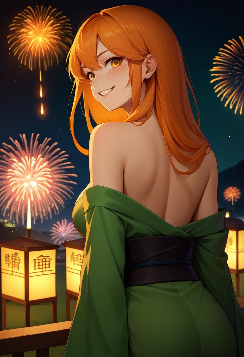 score_9, score_8_up, score_7_up, source_anime, solo, 1girl, mtcupa, happy, looking back, long hair, orange hair, yellow eyes, green kimono, off shoulder, black sash, bare shoulders, fireworks <lora:mobtalker_creeper_ponyXL:1>