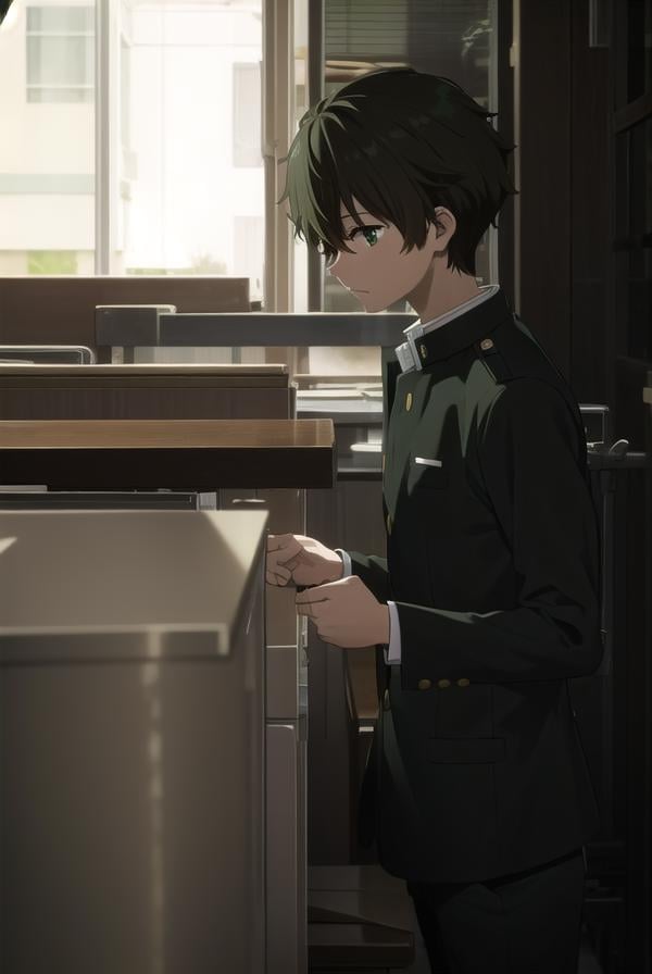 houtarouoreki, <lora:houtarou oreki s1-lora-nochekaiser:1>,houtarou oreki, short hair, bangs, black hair, hair between eyes, (green eyes:1.5), male focus,BREAK school uniform, gakuran,BREAK indoors, classroom,BREAK looking at viewer, (cowboy shot:1.5),BREAK <lyco:GoodHands-beta2:1>, (masterpiece:1.2), best quality, high resolution, unity 8k wallpaper, (illustration:0.8), (beautiful detailed eyes:1.6), extremely detailed face, perfect lighting, extremely detailed CG, (perfect hands, perfect anatomy),