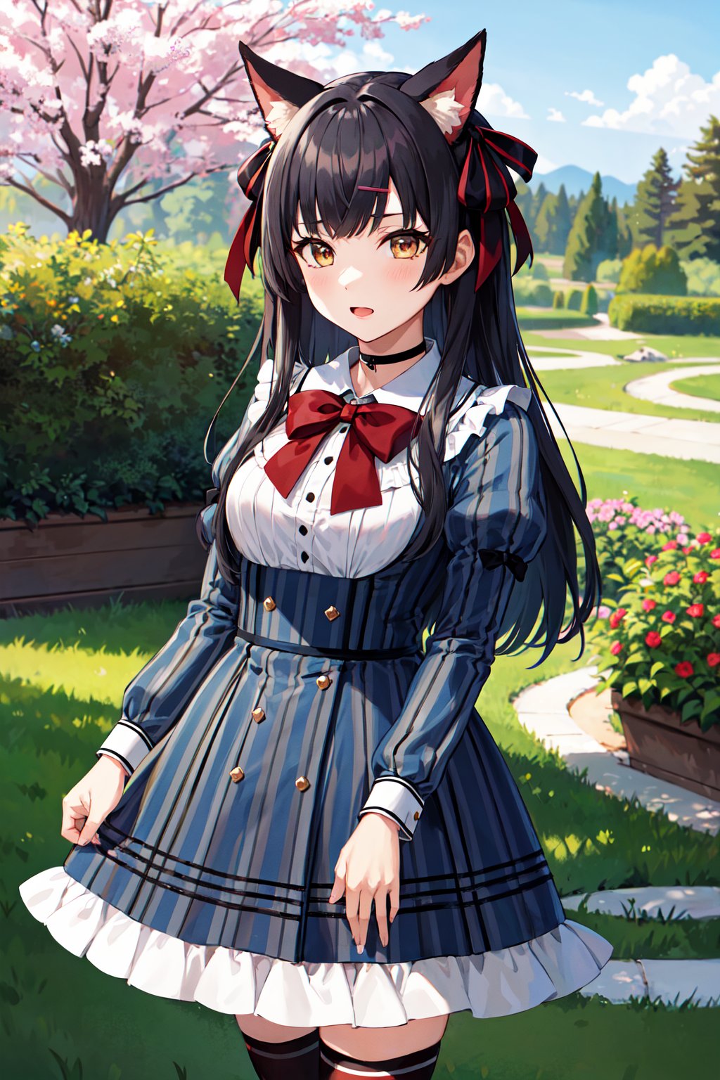 masterpiece, best quality, highres, fffuyuko, long hair, two side up, animal ears, hairclip, black choker, red bowtie, vertical-striped dress, grey dress, puffy sleeves, (vertical stripes:1.2), long sleeves, striped skirt, frilled thighhighs, <lora:mayuzumi_fuyuko_v1:0.7>, standing, cowboy shot, outdoors, garden