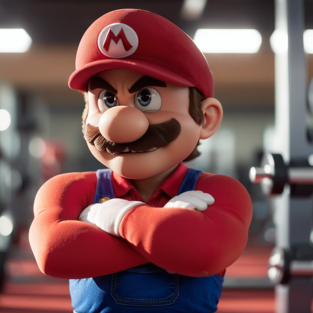 cinematic photo very muscular mario in a gym  . 35mm photograph, film, bokeh, professional, 4k, highly detailed  <lora:Mario1024-000200:0.8>