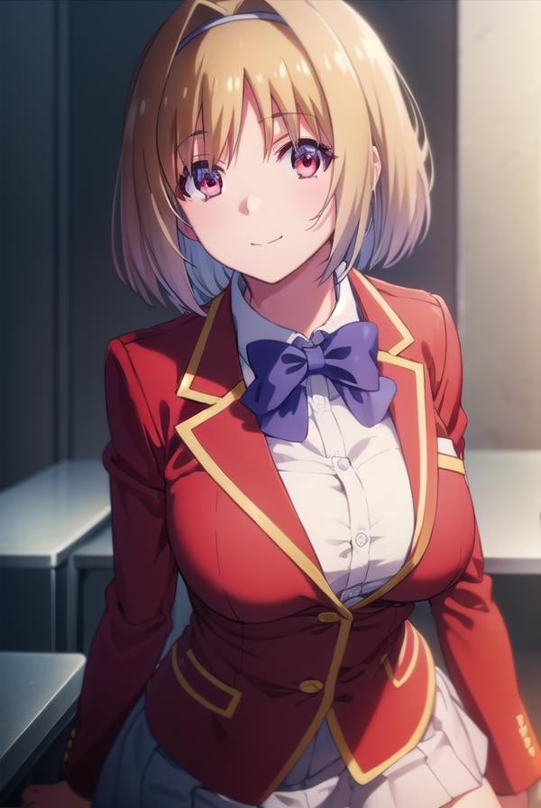 kikyoukushida, <lora:kikyou kushida s2-lora-nochekaiser:1>,kikyou kushida, short hair, blonde hair, (red eyes:1.3), hairband, hair intakes, smile,BREAK shirt, long sleeves, bow, school uniform, jacket, white shirt, bowtie, blue bow, blazer, (red blazer:1.5),BREAK indoors, classroom,BREAK looking at viewer, (cowboy shot:1.5),BREAK <lyco:GoodHands-beta2:1>, (masterpiece:1.2), best quality, high resolution, unity 8k wallpaper, (illustration:0.8), (beautiful detailed eyes:1.6), extremely detailed face, perfect lighting, extremely detailed CG, (perfect hands, perfect anatomy),