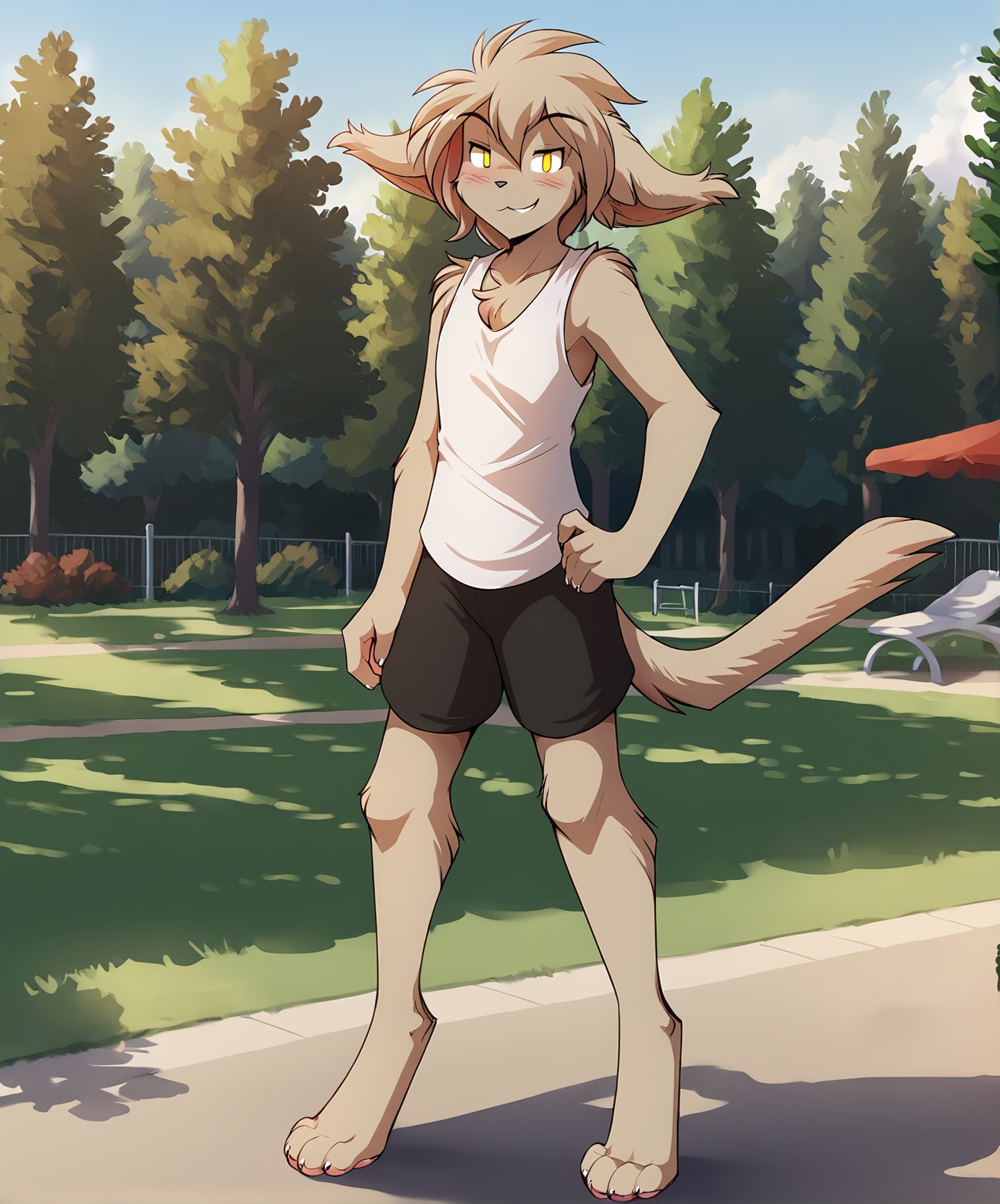 score_9, score_8_up, score_7_up,score_6_up,score_5_up, source_furry, detailed backgroundBREAKsolo, furry male anthro, medium hair, flat chest, (blushing, seductive, smug), tank top, gym shorts, (outdoors, park), digitigradeBREAK<lora:Keith-Twokinds-SDXL-AnonTK-V1:1>, keith-twokinds, basitin, mammal, feline tail