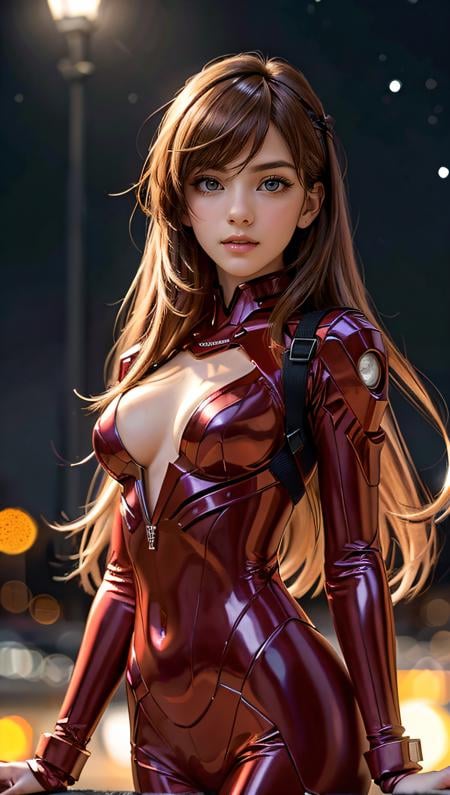 (best quality, masterpiece, colorful, dynamic angle, highest detailed)(Asuka Langley), upper body photo, fashion photography of cute red long hair girl (Asuka Langley), dressing high detailed Evangelion red suit (high resolution textures), in dynamic pose, bokeh, (intricate details, hyperdetailed:1.15), detailed, moonlight passing through hair, perfect night, (fantasy background), (official art, extreme detailed, highest detailed), HDR+