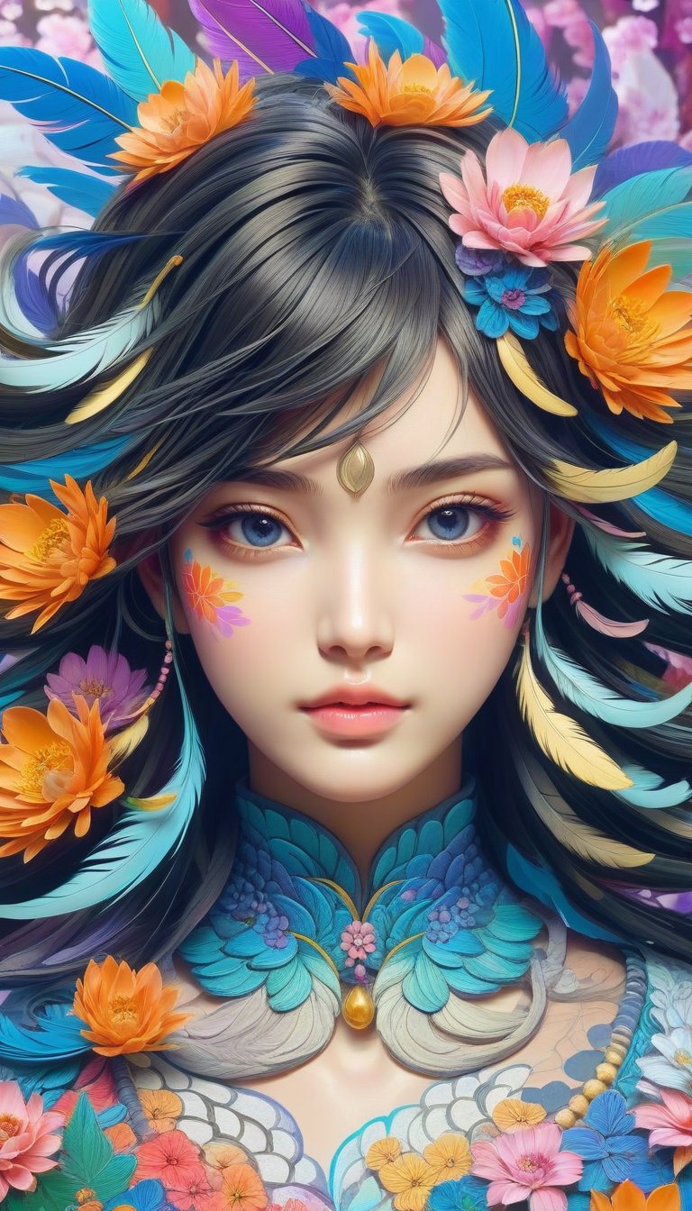 Zen painting illustration,anime art style,masterpiece,top quality,best quality,official art,beautiful and aesthetic,(1girl:1.2),extremely detailed,colorful,flowers,highest detailed,zentangle,abstract background,shiny skin,many colors,feathers,