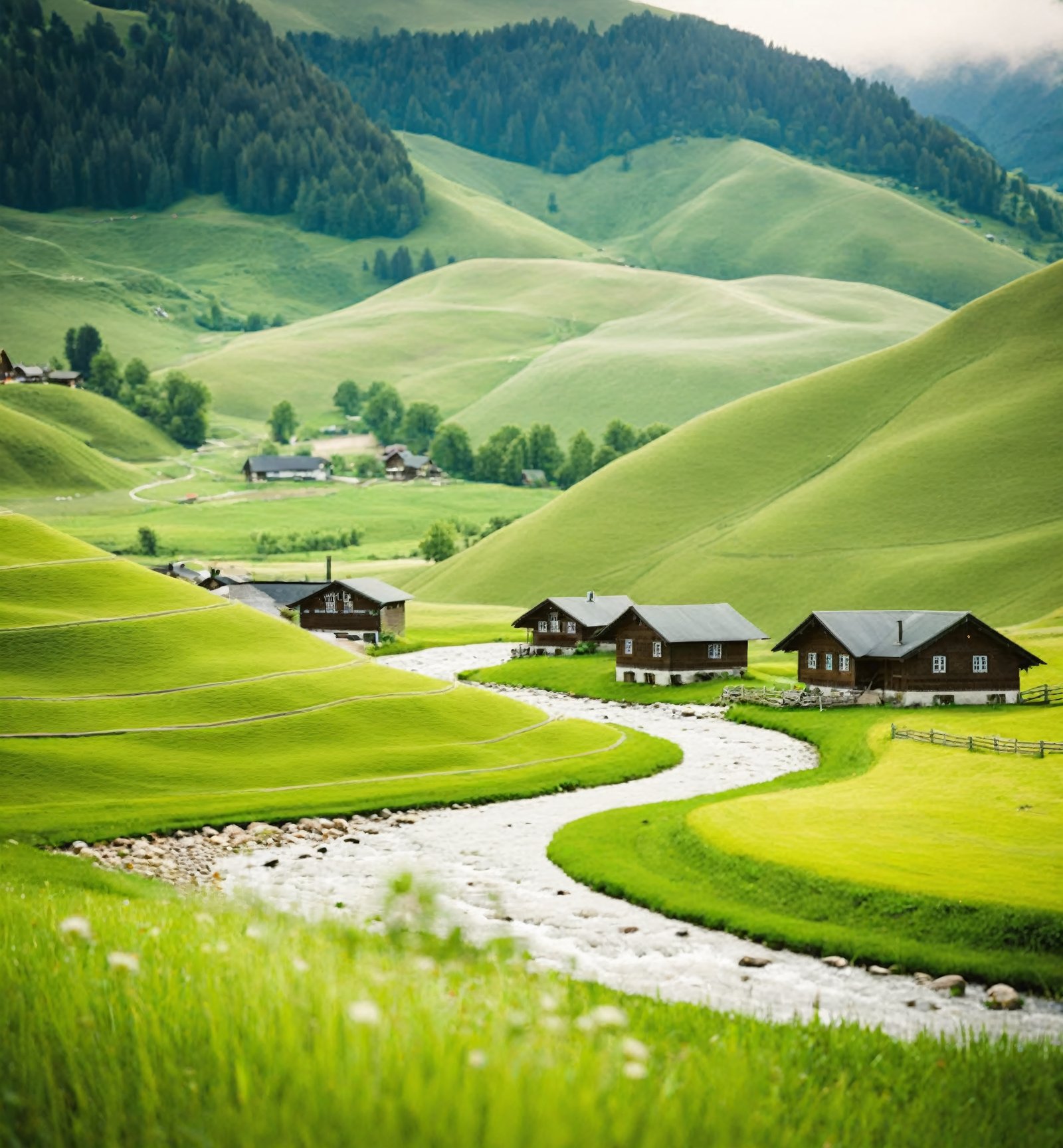 Idyllic rural landscape with a stream flowing through green meadows,wooden chalets scattered on rolling hills,soft natural lighting,overcast sky,tranquil atmosphere,slight haze in the distance,muted color palette,tilt-shift effect blurring the foreground and background,high depth of field,no discernible human activity,nature-focused composition,captures the essence of countryside serenity,appears to be a European setting,possibly inspired by pastoral landscape paintings,average quality.,