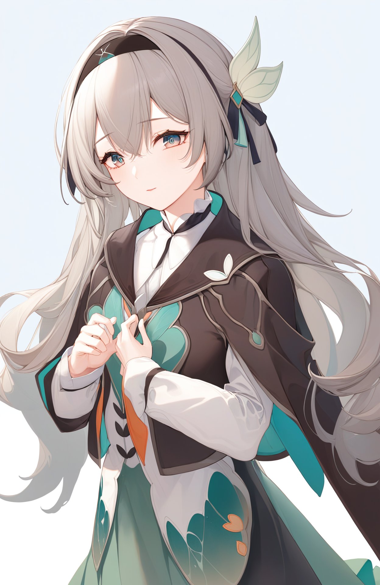 liuying,bangs,long sleeves,hair ornament,black jacket,black hairband,high quality,green dress,grey hair,<lora:流萤xl2:1>,, (masterpiece,best quality:1.2),absurdres, high quality,