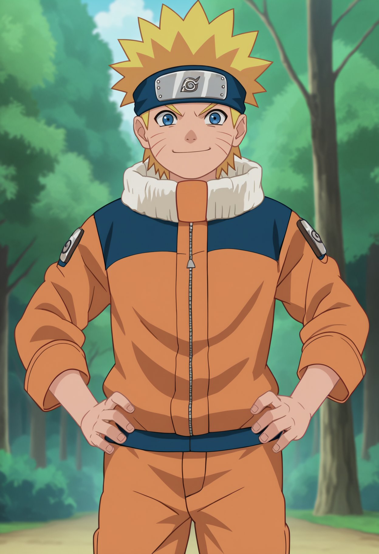 score_9, score_8_up,source_anime,1boy, uzumaki naruto, blonde hair, spiked hair, blue eyes, whisker markings, facial mark, forehead protector, orange jumpsuit,solo, looking at viewer, hands on hips, standing, smile, cowboy shot, outdoors, forest, anime screencap, anime coloring <lora:NarutoGeninXL:1>