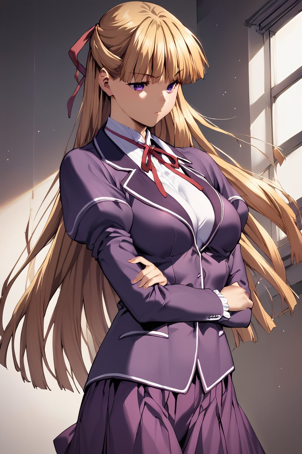 score_9, score_8_up, score_7_up, score_6_up, score_5_up, score_4_up, source_anime,cowboy shot, kanzaki asuka, 1girl, solo, school uniform, purple blazer, purple skirt, half updo, hair ribbon, purple eyes, blonde hair, long hair, large breasts, blunt bangs, (masterpiece, high-quality, breathtaking, highres, ultra detailed), (expressive eyes, perfect face),<lora:kanzaki asuka auti:0.8>