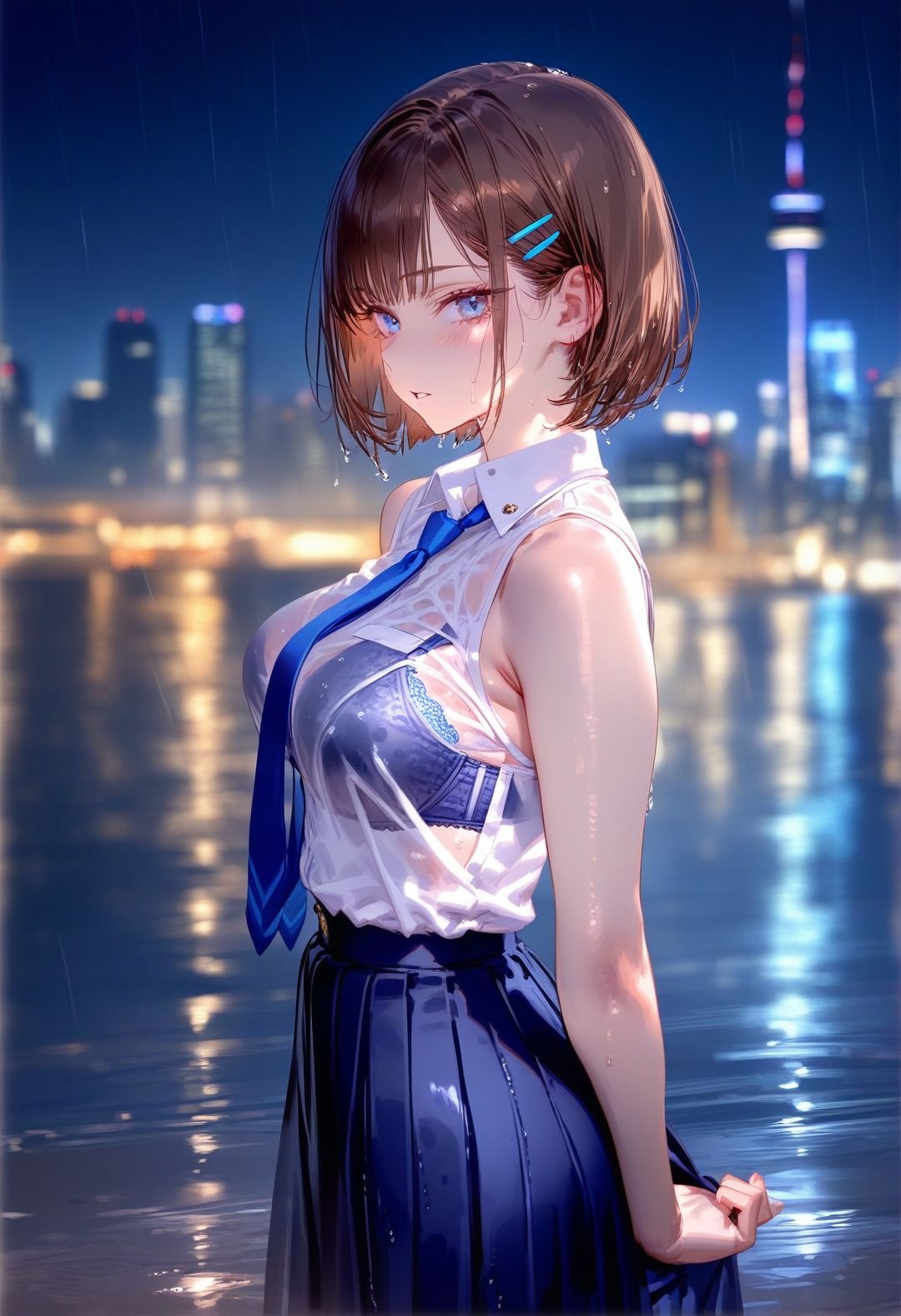 masterpiece, best quality,  <lora:RAR 0.4v:1>,RAR, detailed background, 1girl, skirt, wet clothes, wet, solo, rain, blue eyes, outdoors, looking at viewer, pleated skirt, shirt, short hair, brown hair, hair ornament, hairclip, sleeveless, see-through, looking back, parted lips, blue skirt, blurry, bangs, wet shirt, bob cut, necktie, white shirt, breasts, night, bare shoulders, blurry background, from behind, shirt tucked in, blue necktie, bra, water, standing, collared shirt, cowboy shot, sleeveless shirt, medium breasts, school uniform, underwear, bare arms, wet hair, depth of field, arms at sides, cityscape,