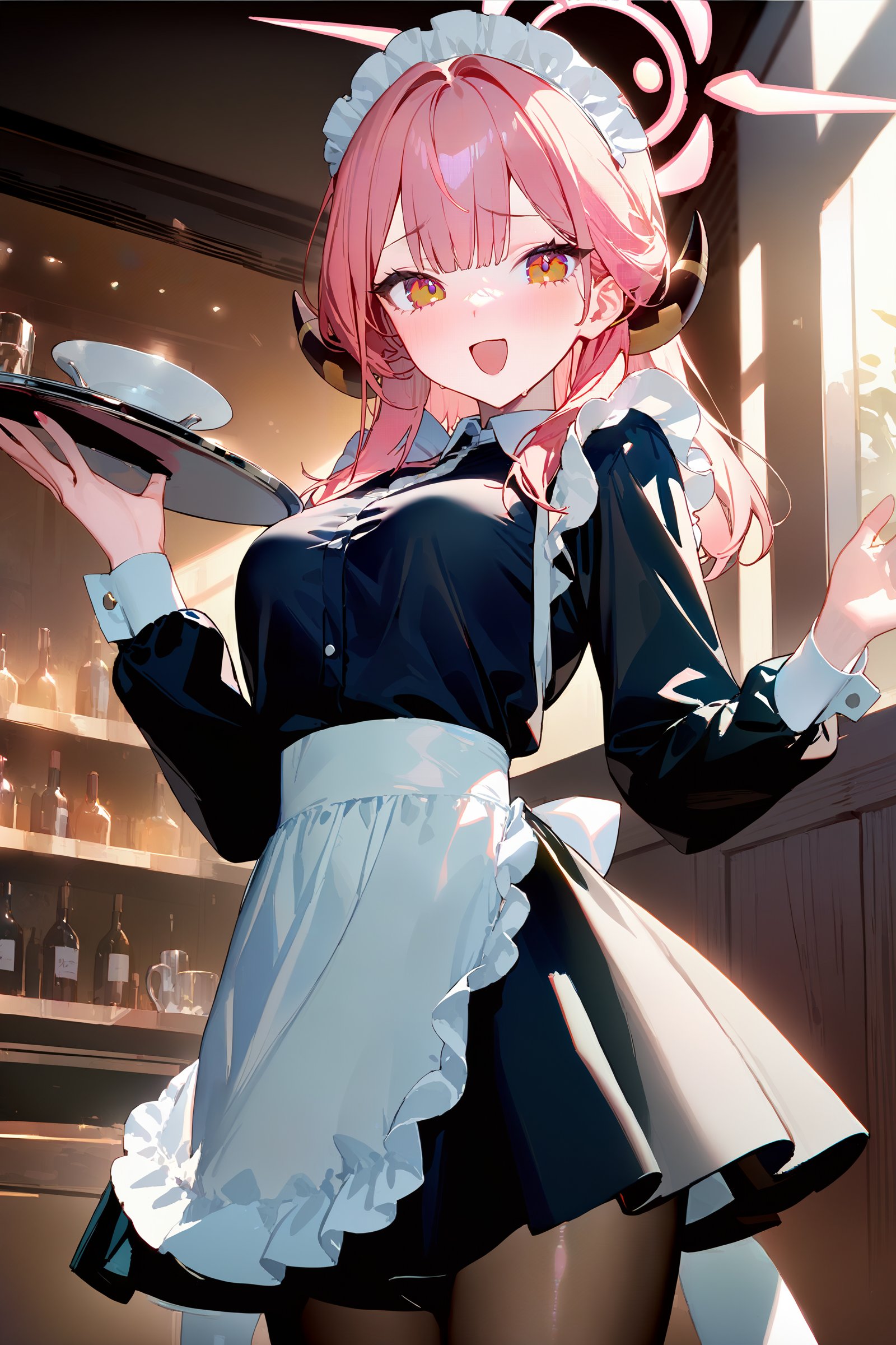 masterpiece, best quality, very aesthetic, ray tracing, newest,(hitenkei, askzy:0.5), 1girl, aru \(blue archive\), solo, halo, horns, maid, maid headdress, maid apron, embarrassed, pantyhose, open mouth, blush, smile, open mouth, holding plate, looking at viewer, cowboy shot, bar \(place\), indoors, depth of field  <lora:quality1:0:hr=2>,  <lora:Char-BlueArchive-Aru-XL-V1:0.9>