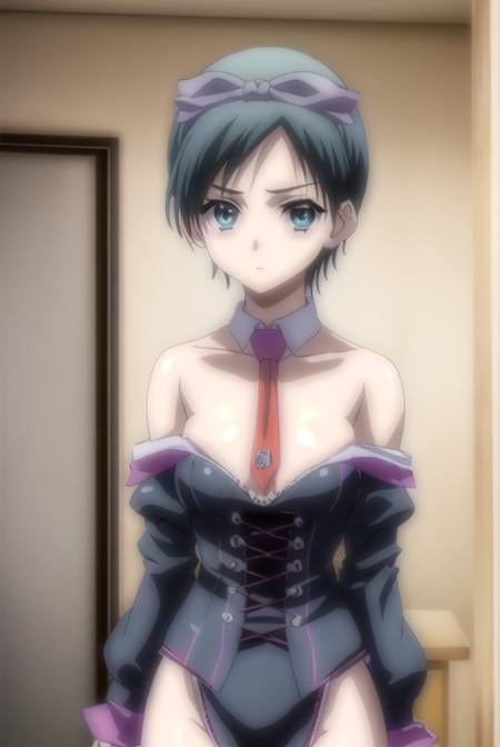 oruhahashimoto, <lora:oruha hashimoto-lora-nochekaiser:1>,oruha hashimoto, short hair, black hair, (black eyes:1.3),BREAK bare shoulders, necktie, detached collar, red necktie, corset, detached sleeve, thighhighs, ribbon, hair ribbon,BREAK indoors,BREAK looking at viewer, (cowboy shot:1.5),BREAK <lyco:GoodHands-beta2:1>, (masterpiece:1.2), best quality, high resolution, unity 8k wallpaper, (illustration:0.8), (beautiful detailed eyes:1.6), extremely detailed face, perfect lighting, extremely detailed CG, (perfect hands, perfect anatomy),