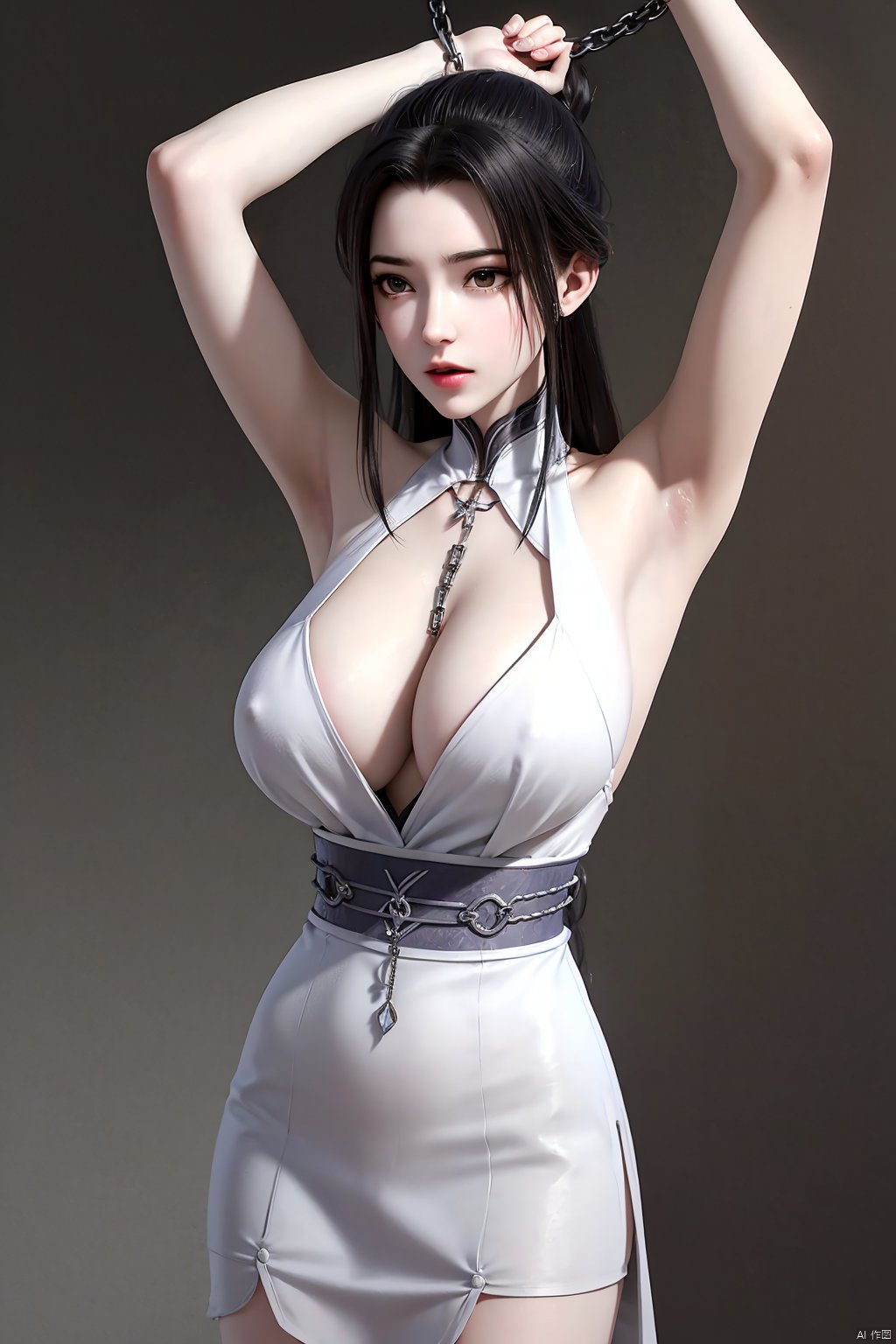 (8k, RAW photo, best quality, masterpiece:1.2), (realistic, photorealistic:1.3), ultra-detailed, extremely detailed cg 8k wallpaper, (crystalstexture skin:1.2),1girl,hanfu,dress,necklace,arm behind back,fishnet pantyhose, qianjin,(huge breasts:),(solo, 1girl) (digital) ( in detailed basement, (bound, bondage, bdsm)),best quality,(chained:1.2),(arms_up:1.2)<lora:EMS-224024-EMS:0.800000>