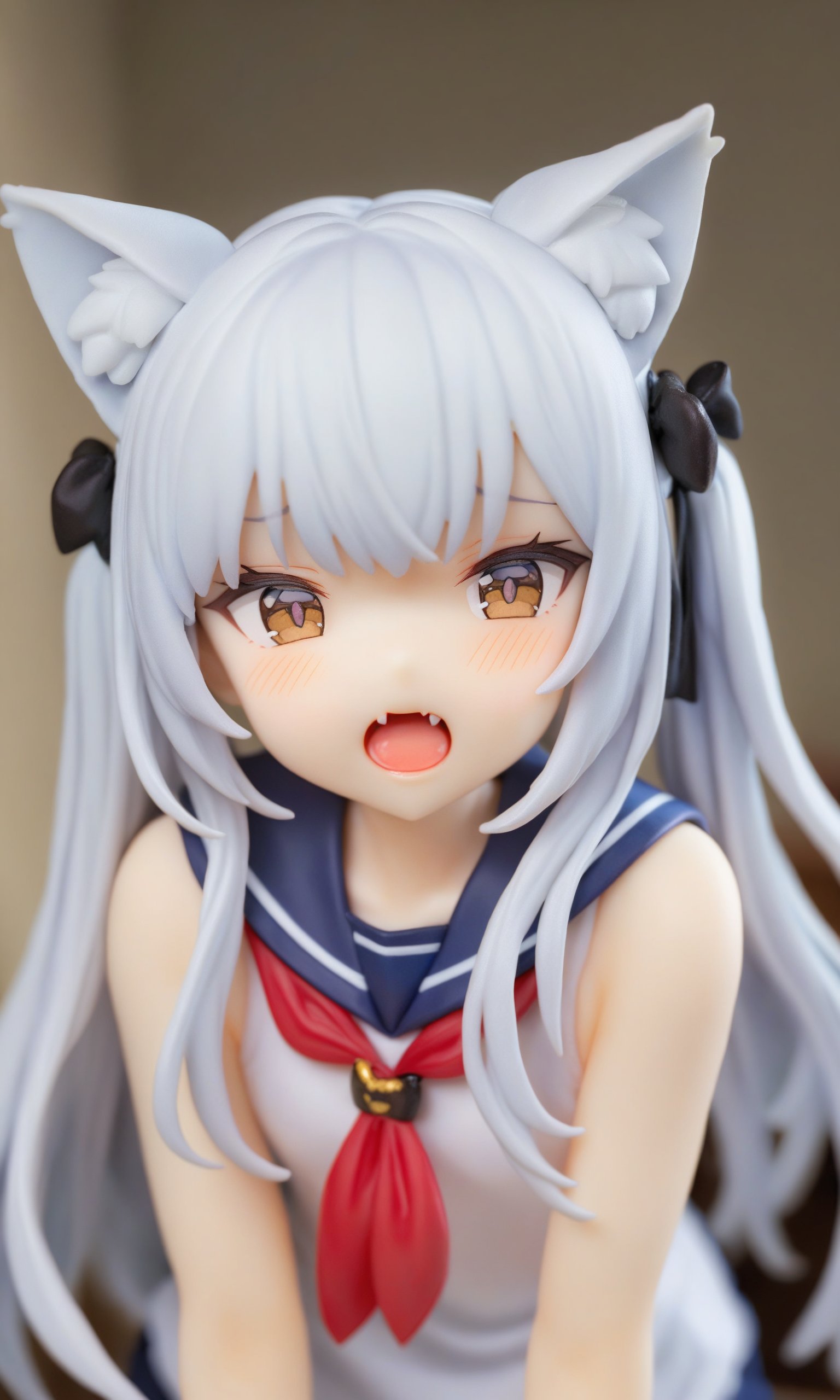 masterpiece,best quality,1girl,sensitive,long hair,blush,open mouth,gloves,bow,animal ears,brown eyes,white hair,hair bow,fang,cat ears,sailor collar,black bow