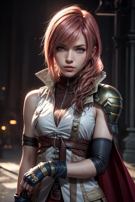 (masterpiece, best quality:1.2), (Planted Sword on Hand:1.2), 1girl, solo, lightning farron, sleeveless, shoulder armor, cape, skirt, fingerless gloves, (detailed face and eyes:1.3) <lora:ffxiii_lightning:0.9> <lora:add_detail:1>