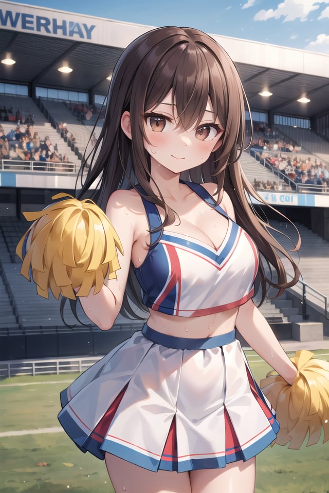 insanely detailed, absurdres, ultra-highres, ultra-detailed, best quality,1girl, solo, nice hands, perfect handsBREAK(cheering, cheerleader girl, holding pom-poms, cheerleader costume, sweat:1.3)BREAKhappy smile, laugh, closed mouthBREAK45 angle,cowboy shot, looking at viewer,BREAKslender, kawaii, perfect symmetrical face, ultra cute girl, ultra cute face, ultra detailed eyes, ultra detailed hair, ultra cute, ultra beautifulBREAK(crowds, spectators, audience:1.3),in school ground, sports festival, day, ultra detailed background,(very wide, panorama view, sense of depth, magnificent view:1.3)BREAKlarge breasts, cleavage, (navel:-1)BREAK(brown hair, brown eyes), long hair, hair between eyes