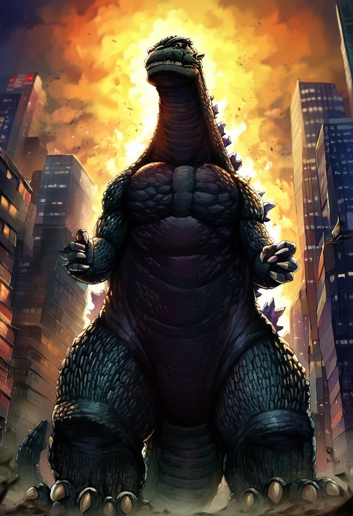 score_9, score_8_up, score_7_up, score_6_up, score_5_up, source_furry, kaiju, godzilla, monster, low angle view, city background, blurred background, digital painting, cinematic lighting, <lora:Godzilla_1954:1> godzilla_1954, spines