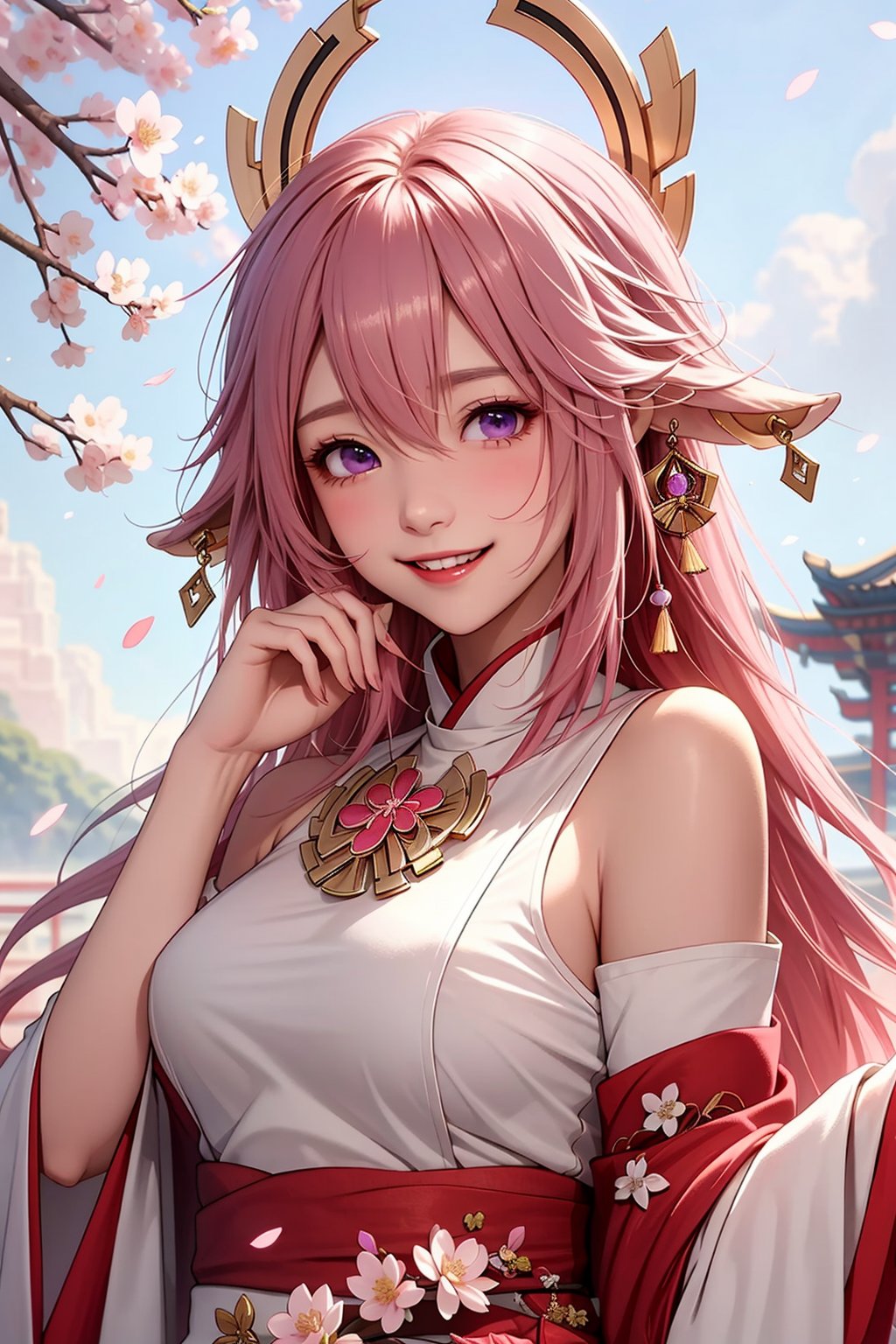 ba shen zi,1girl,solo,pink hair,long hair,purple eyes,smile,animal ears,hair between eyes,bare shoulders,breasts,wide sleeves,fox ears,japanese clothes,finger to mouth,bangs,upper body,closed mouth,blush,hair ornament,long sleeves,cherry blossoms,petals,jewelry,hand up,outdoors,cheerful demeanor,radiant smile,bright personality,warm-hearted nature,optimistic outlook,vibrant energy,sun-kissed complexion,joyful laughter,free-spirited,carefree attitude,uplifting presence,playful spirit,positive vibes,(lively enthusiasm:1.1),beaming with happiness,natural beauty,sunshine in her eyes,infectious laughter,<lora:aki-000008:0.5>,