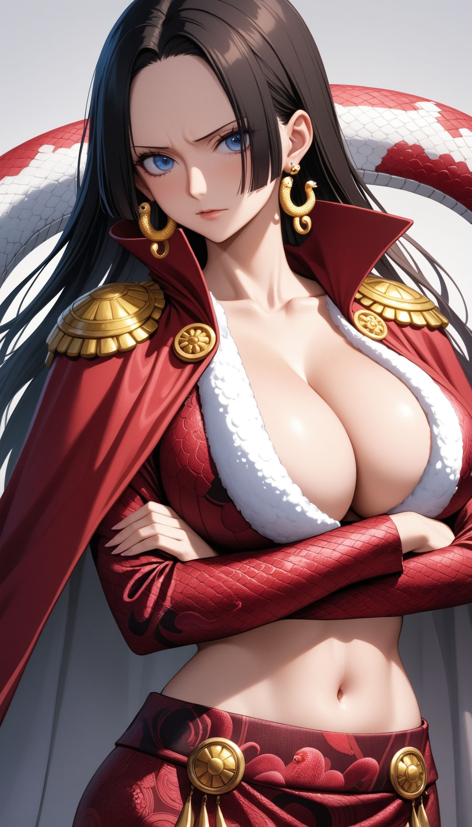 (masterpiece, best quality, very aesthetic, ultra detailed), intricate details,1girl, boa hancock, one piece, blue eyes, collarbone, crossed arms, earrings, jewelry, large breasts, navel, open clothes, open jacket, red jacket, red long skirt, snake earrings, cleavage, cape,