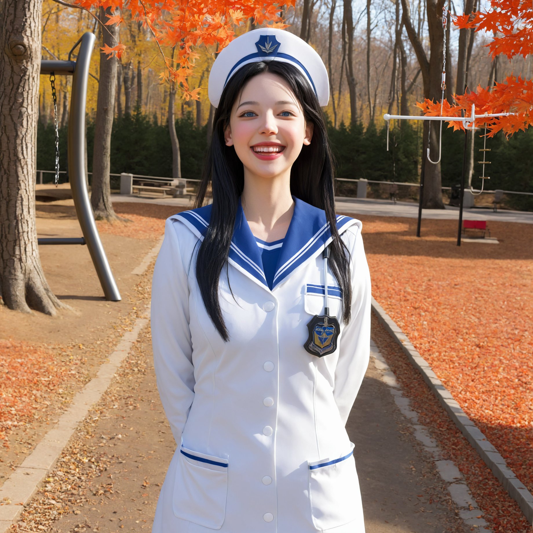 zero,1girl,solo,realistic,black hair,long hair,looking at viewer,blue eyes,lips,photorealistic,<lora:girl-000002:0.8>,highres,absurdres,police_uniform,evening_gown,sailor,nurse,space_suit,labcoat,smile,laughing,:d,smirk,in spring,in winter,(autumn maple forest:1.3),(very few fallen leaves),(path),in summer,city,castle,zoo,playground,